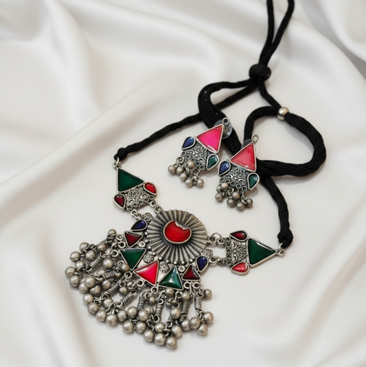 Multicolor Tribal Oxidised Necklace Set with Earrings