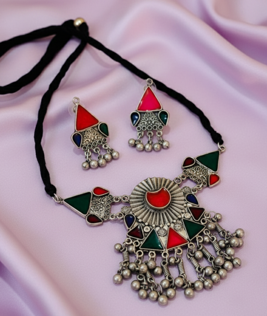 Multicolor Tribal Oxidised Necklace Set with Earrings