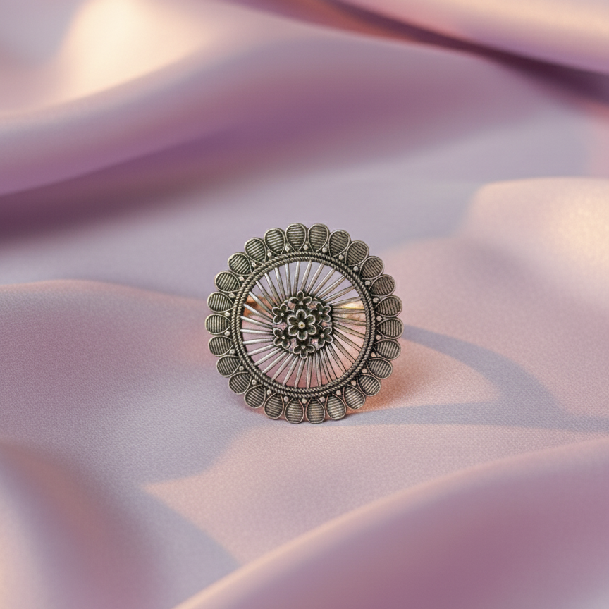 Oxidised Silver Round Statement Ring