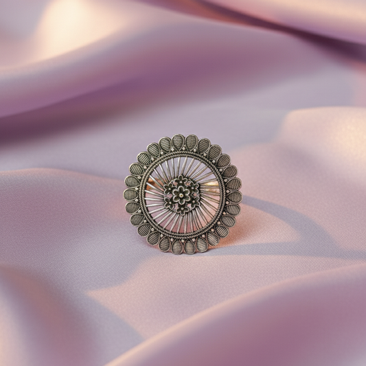 Oxidised Silver Round Statement Ring