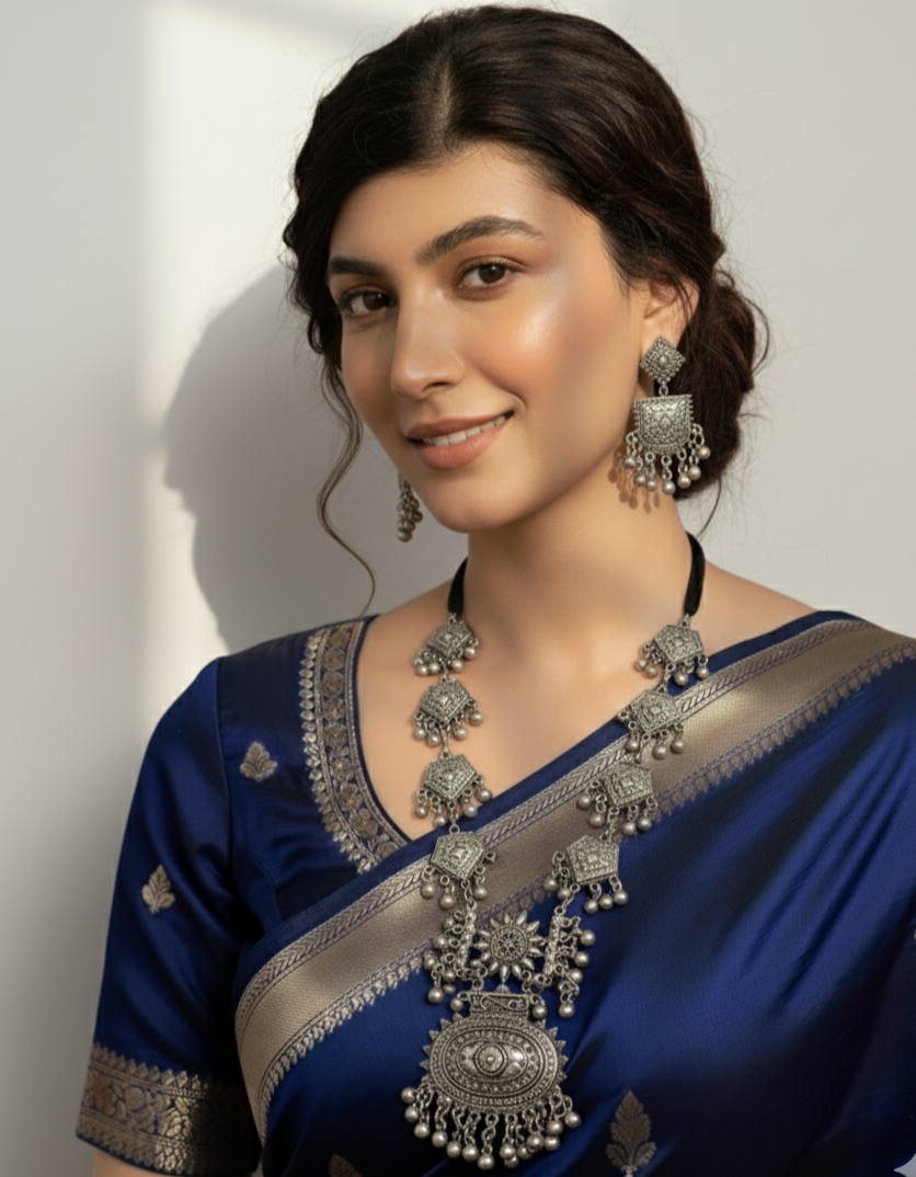 Long Oxidised Tribal Necklace with Matching Earrings