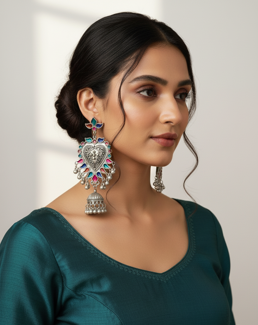 Multicolor Oxidised Heart Earrings with Jhumka