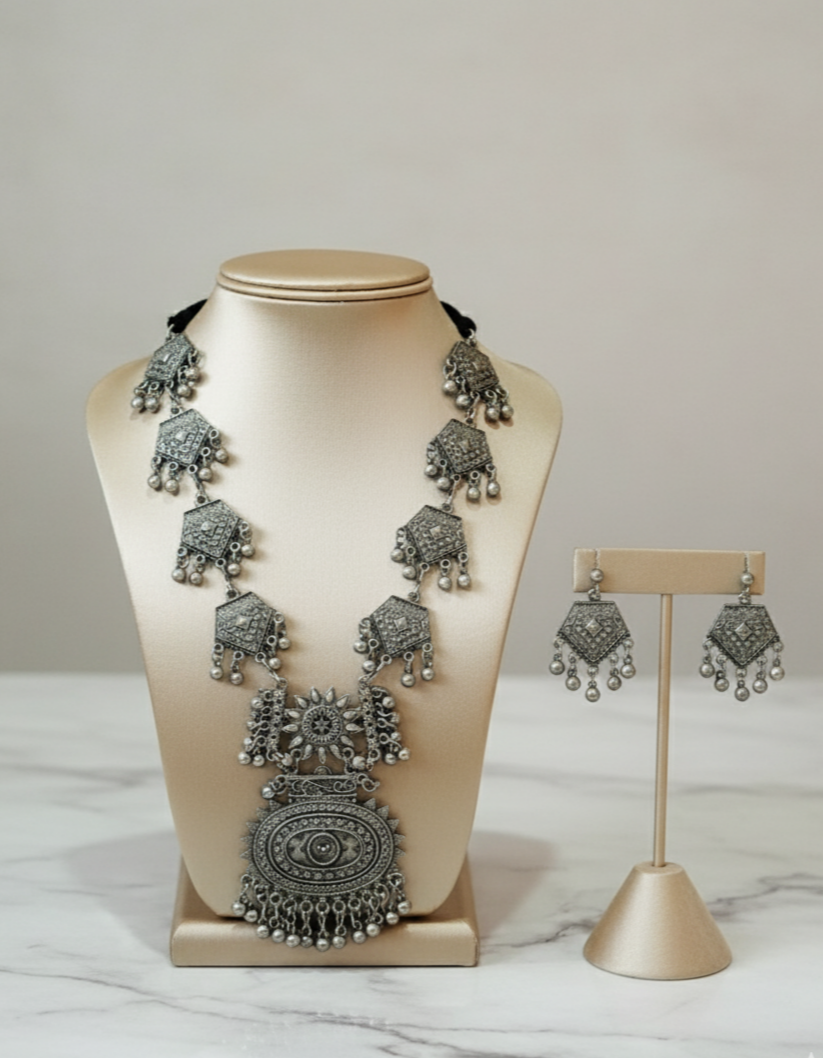 Long Oxidised Tribal Necklace with Matching Earrings