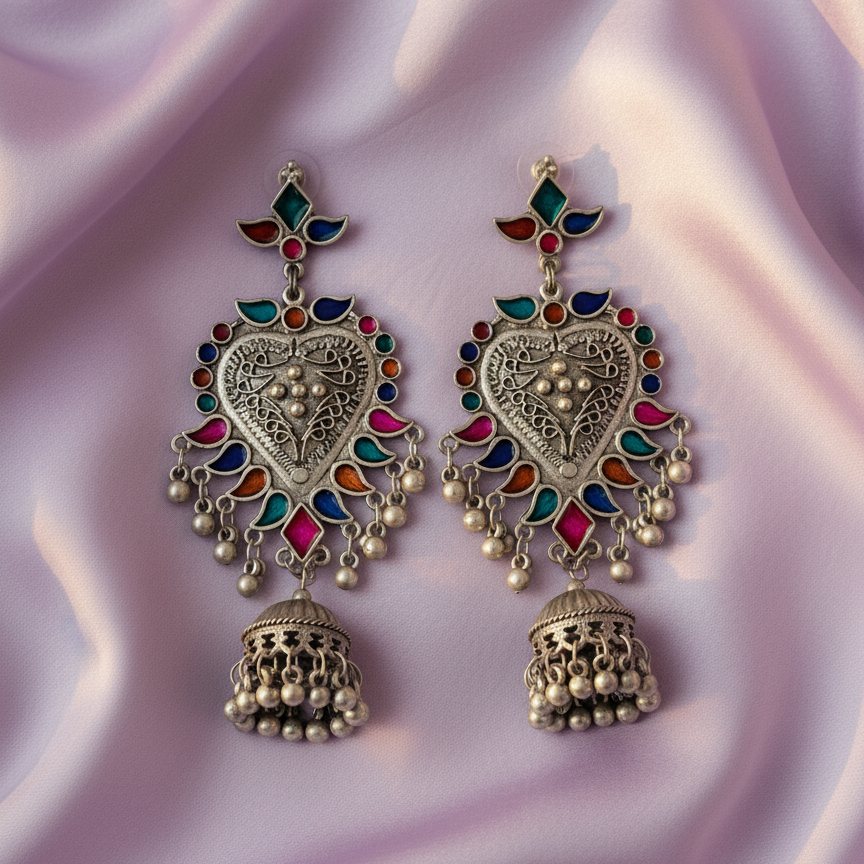 Multicolor Oxidised Heart Earrings with Jhumka