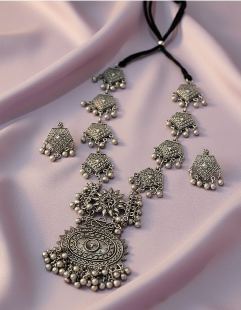 Long Oxidised Tribal Necklace with Matching Earrings