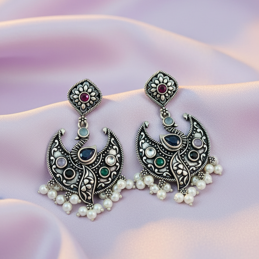 Oxidised Silver Peacock Design Earrings